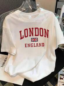 Camiseta de mujer de manga corta y cuello redondo con estampado del logo de Londres, ideal para todas las estaciones. - Blanco - Ver 1