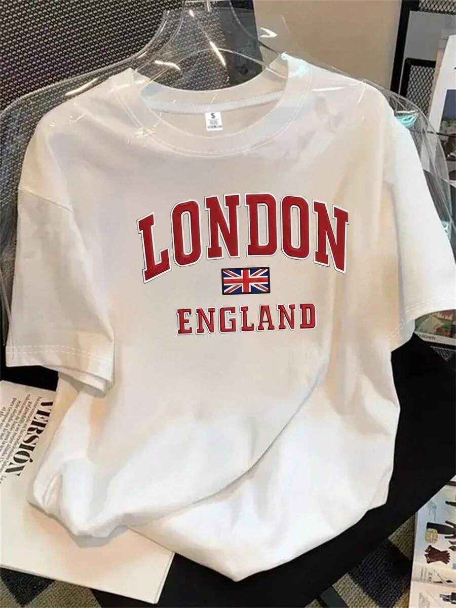 Camiseta de mujer de manga corta y cuello redondo con estampado del logo de Londres, ideal para todas las estaciones. - Blanco - Ver 1