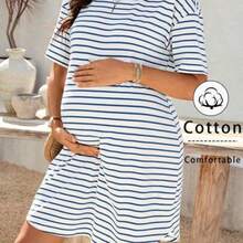 Vestido casual de rayas de cuello redondo de manga corta para embarazadas, ropa de maternidad, vestido de maternidad, ropa para embarazadas, vestido azul de vacaciones, atuendos de vacaciones para mujer, vestido blanco de maternidad, vestido de maternidad transpirable y cómodo de rayas suelto - Azul y blanco - Ver 1