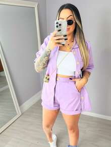 Linen Set / Shirt And Shorts / With Elastic Waistband - Lilac Purple - View 2