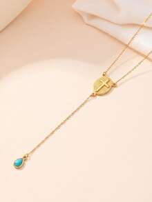 1pc Vintage Inspired 18K Gold Plated Stainless Steel Tiger Eye Stone Sweater Necklace, Women's Western Style Long Chain Cadena Necklace, Jewelry Gift, Best For Mother's Day, Valentine's Day, Suitable For Daily Outfit And Party Accessories - Brown - View 6