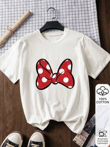 Top Casual de Manga Corta con Estampado de Lazo de Lunares Rojos, 100% Algodón, Gráfico, Tela Suave, Ropa de Algodón, Ropa para Exteriores, Patrón Estampado, Top de Verano, Atuendo para Vacaciones, Ropa de Viaje Minimalista, Negro 100% Algodón - Blanco - Ver 1