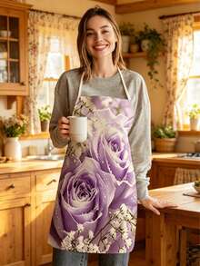 1pc, Pink Rose And Yellow Daisy Pattern Polyester Apron, Suitable For Cooking, Baking, And Gardening - Can Be Used As Attire For The Kitchen And Dining. - Multicolor - View 7