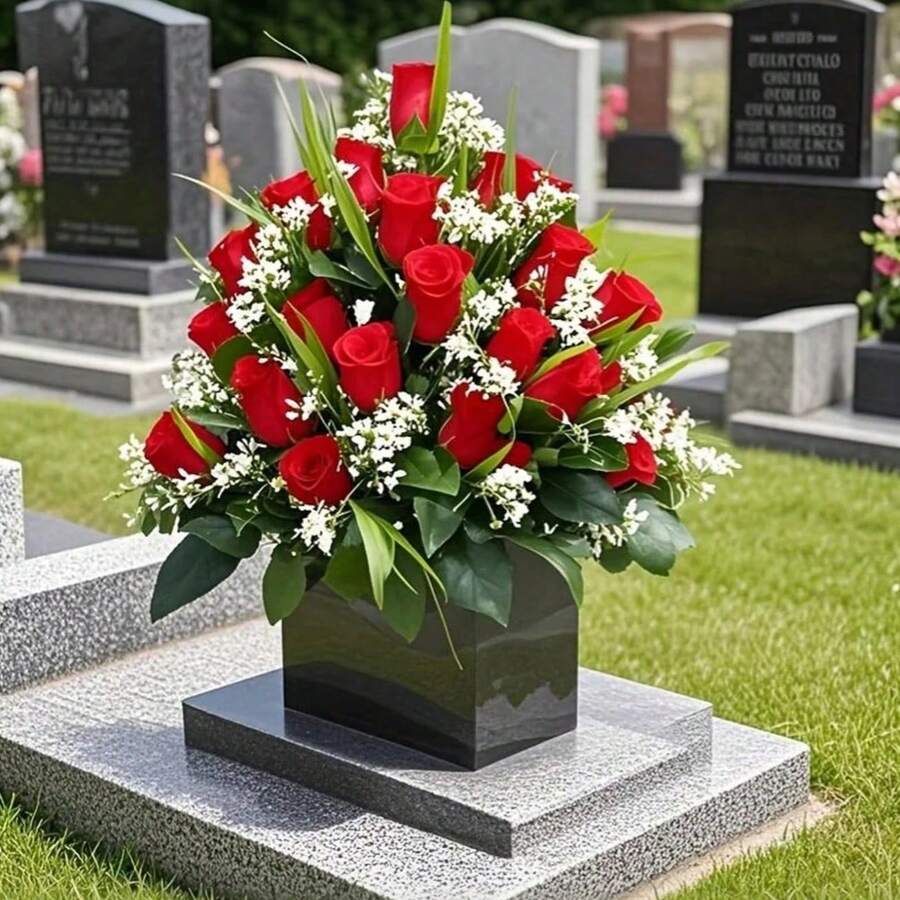 24-Pack Memorial Rose Bouquet, Artificial Rose Memorial Flowers, Red Plastic Flowers With Green Leaves, Weather-Resistant, Suitable For Outdoor Cemetery Decoration, Durable Plastic Artificial Flower Combination, Suitable For All Seasons And Festivals, Ideal For Funerals, Cemetery Decorations, And Memorial Day Decorations. - Red - View 1