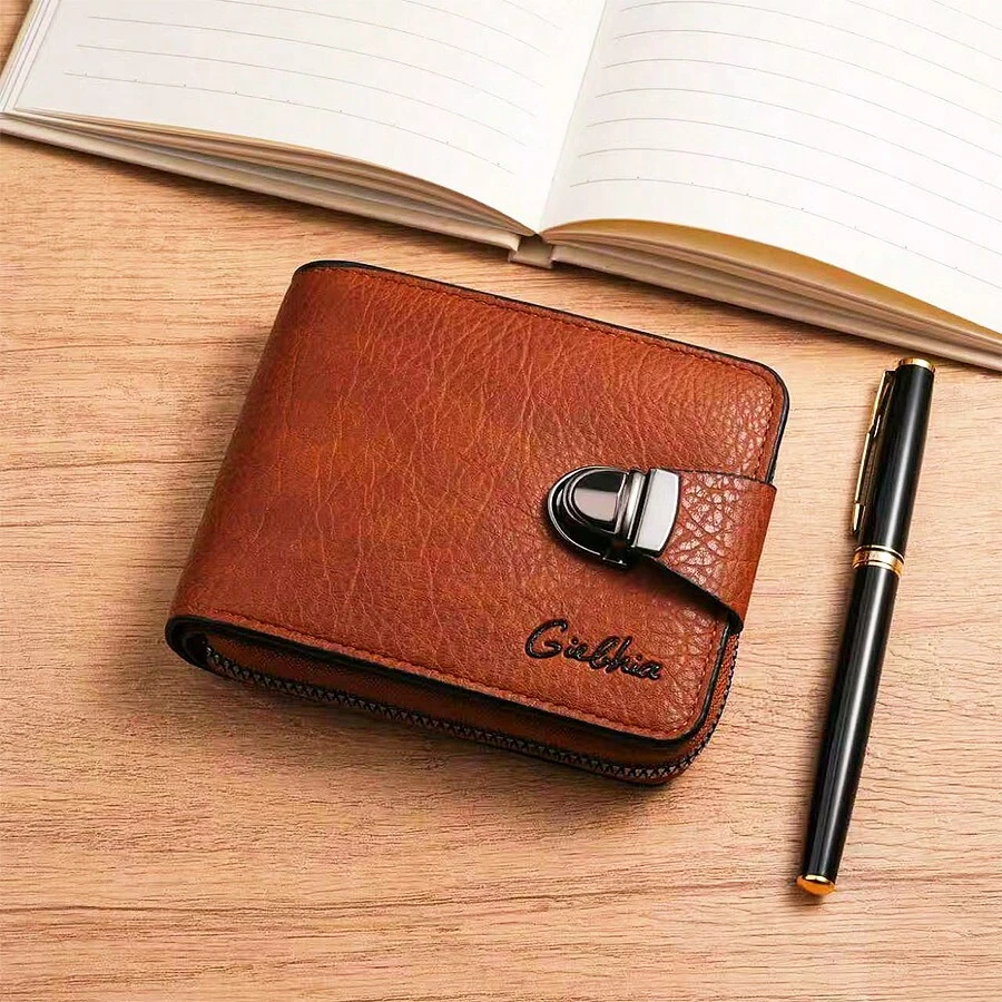 Men's Litchi Grain Wallet, Short Style High-Quality Snap Closure Bifold Wallet, Multi-Card Slots Large Capacity Coin Purse - Multicolor - View 1