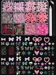1 Caja con 12 Compartimentos Juego de Encantos 3D para Arte de Uñas Rosa, Lindo Lazo de Resina, Corazón, Flor, Oso & Mariposa Decoraciones de Uñas con Pinzas y Herramienta de Lápiz - Multicolor - Ver 7