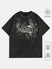 ROMWE MEN Goth Camiseta casual de manga corta con cuello redondo y eslogan gráfico de verano para hombres, estilo escolar y de los años 2000 de Moda Primavera Verano - Negro - Ver 1