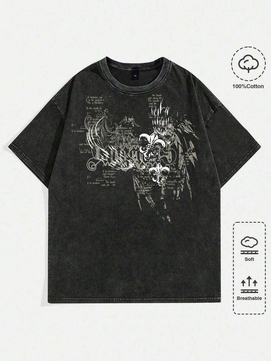ROMWE MEN Goth Camiseta casual de manga corta con cuello redondo y eslogan gráfico de verano para hombres, estilo escolar y de los años 2000 de Moda Primavera Verano - Negro - Ver 1