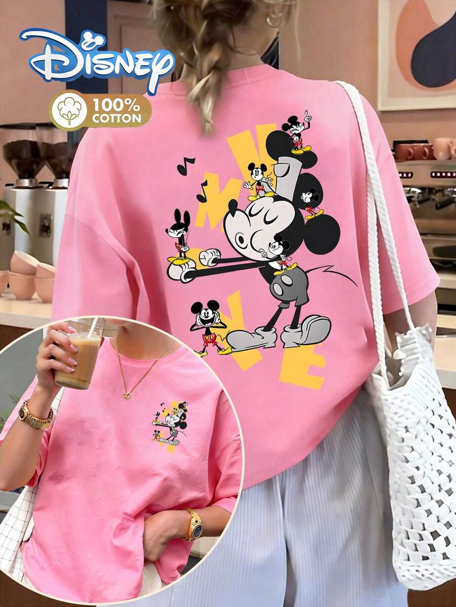Disney-Licensed Women's 100% Cotton Short-Sleeve Best-Selling Round-Neck Casual T-Shirt, Retro Print Featuring Multiple Mickey Mouse Designs, Disney-Themed Cotton Women's Outdoor Short-Sleeve Top, Spring/Summer Fashion Pullover, Perfect For Outdoor Outfits, Ideal For The Holiday Season, Suitable For Daily Outings, Travel, Gatherings, And Photo Sessions - Hồng - Xem 1