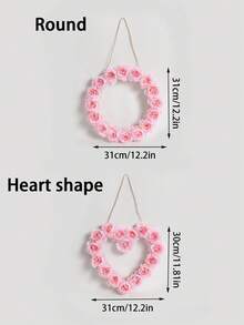 1pc Heart-Shaped Artificial Pink Rose Wreath, Romantic Floral Wall Hanging Decor For Wedding, Valentine's Day, Bridal Shower, Front Door, Bedroom, Living Room, Boho Home Decoration - Pink - View 3