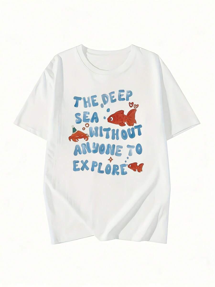 Minimalist. 100% Cotton. 1paPlus Size - Graphic Print T-Shirt, Short Sleeve, Crew Neck, Casual Top For Summer And Spring, Plus Size Clothing For Women. Spring And Summer Top. - 白色 - 查看 1