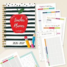 1 Peça Caderno Planejador de Professor A5 Volta às Aulas 2026-2027 - Encadernação em Espiral, Caderno Espiral com Estampa de Maçã Vermelha - Notas, Registros de Frequência, Calendário, Planejador Feliz, Presente para Educador, Formatura, Lembrança de Aniversário ou Diário e Bloco de Notas Doméstico, Design de Ilustração Divertida - A5 - Visão 1