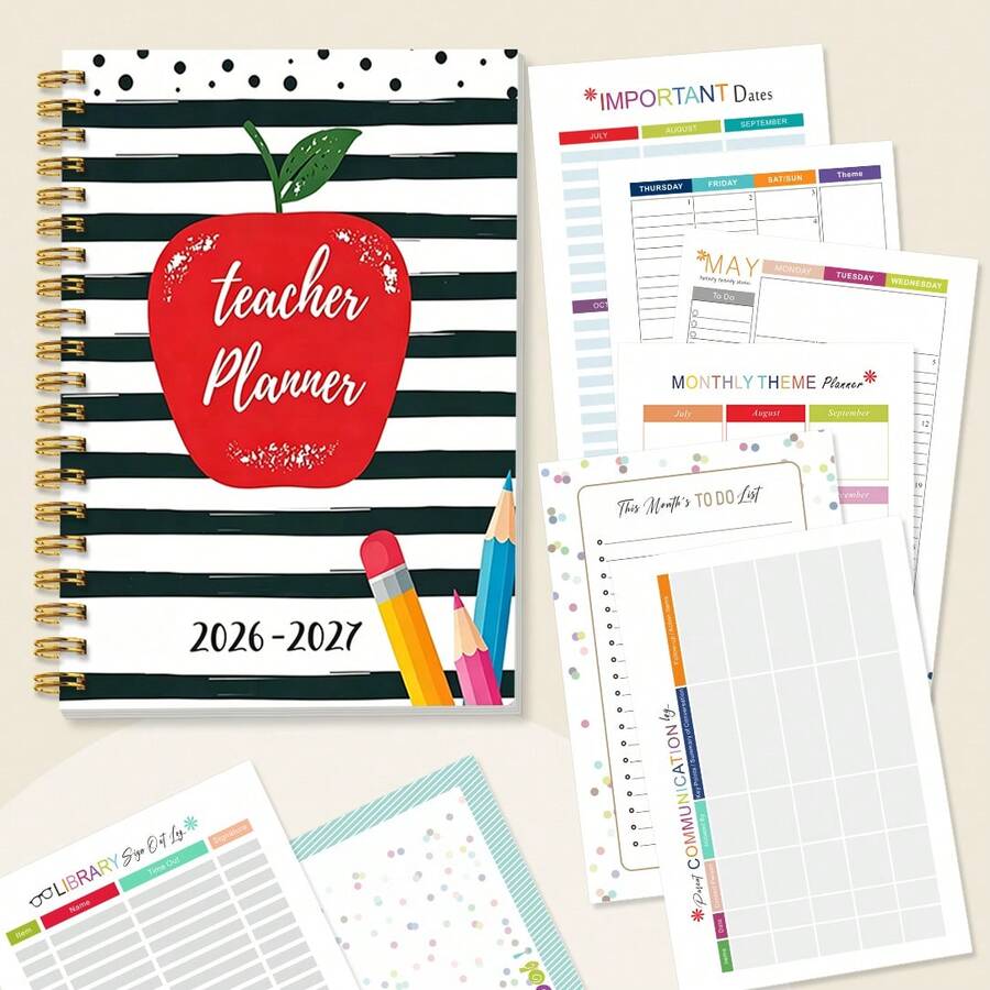 1 Peça Caderno Planejador de Professor A5 Volta às Aulas 2026-2027 - Encadernação em Espiral, Caderno Espiral com Estampa de Maçã Vermelha - Notas, Registros de Frequência, Calendário, Planejador Feliz, Presente para Educador, Formatura, Lembrança de Aniversário ou Diário e Bloco de Notas Doméstico, Design de Ilustração Divertida - A5 - Visão 1