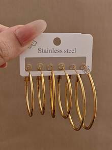 6pcs Exaggerated Vintage Style Gold-Tone Women's Round Textured Stainless Steel Earrings Minimalist Personalized Non-Fading Hoop Earring Set - Yellow Gold - View 5