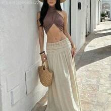 MewMuse. Falda larga de lino tipo apricot de ajuste relajado para mujer, falda larga extra de cintura baja, nueva prenda de verano, falda de diseño retro, falda de vacaciones retro, falda minimalista, falda con dobladillo de paraguas con abertura diagonal, falda con cinturón de cuentas, primavera/verano, elegante, para ir al trabajo, citas, festivales de música, boho, vacaciones, bohemia, playa, cómoda - Albaricoque - Ver 4