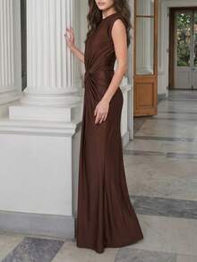 Vestido largo sin mangas con empalme, elegante y sexy para fiesta, vestido formal para ocasiones especiales como bodas en primavera - Café integral - Ver 4