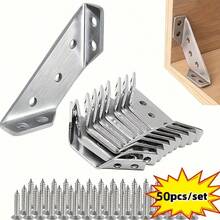 50pcs/Set Stainless Steel Heavy Duty Angle Brackets With Screws - 90 Degree Anti-Scratch Design, Pre-Drilled Holes For Easy Installation - Durable Support For Furniture Assembly And Wooden Frame/Cabinet DIY Projects, Rust-Resistant Hardware Accessories - Multicolor - View 3