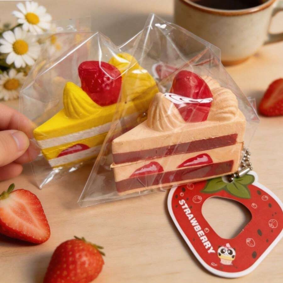 Strawberry Cake Squishy, Slow Rebound Super Soft PU Simulated Bread Keychain, Office Gift - Multicolor - View 1