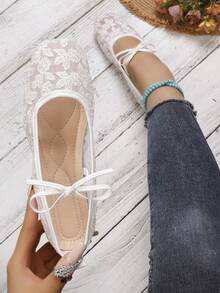 Spring/Summer Breathable Shallow Square Toe Bow Flat Shoes, Daily Commute Versatile Fairy Shoes, Mesh Embroidery Mary Jane Shoes For Women - White - View 5