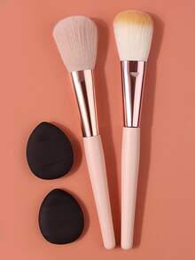 4PCS Multifunctional Blush Brush Powder Puff Set,Pink Wooden Handles+Black Mini Puffs,Daily Makeup,Makeup Tool,Makeupbrush - Apricot - View 5