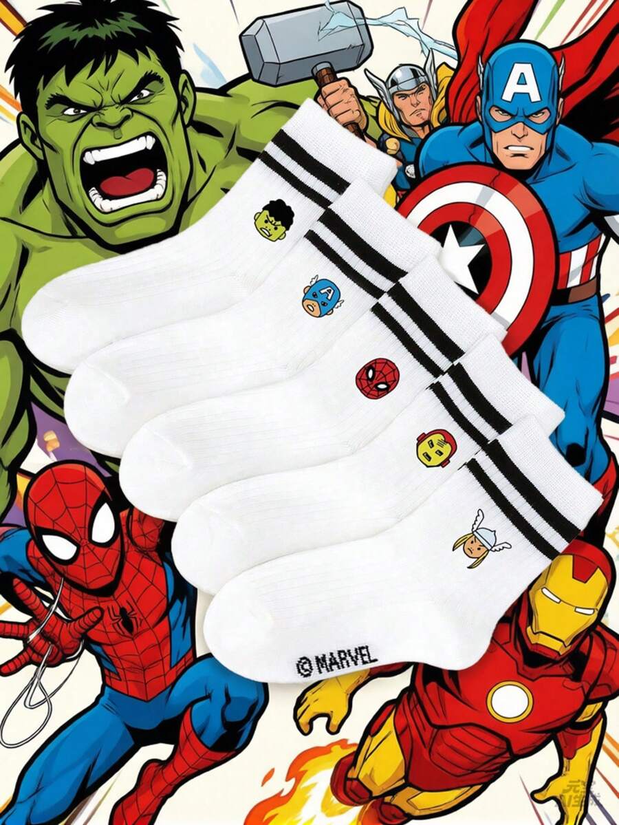 Marvel 1/5雙男童漫威超級英雄圖案襪子，薄款透氣吸濕排汗防滑舒適中筒襪，酷炫街頭風，適合日常穿著、上學、運動、復活節、生日禮物，有漫威英雄印花、條紋、黑白設計可選，時尚學生男童的最佳禮物