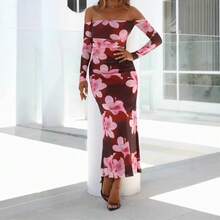 New Two-Tone Floral Print Off-Shoulder Dress - Burgundy - View 7