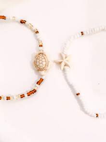 2Pcs Boho Starfish Turtles Conch Seed Beads Chain Anklet For Women Summer Beach Sweet Ankle Barefoot Jewelry Accessories - Multicolor - View 6