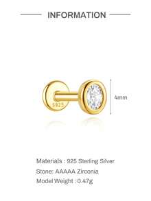 1pc S925 Sterling Silver CZ Zirconia Ear Cartilage Stud Earrings, Flat Back Screw Back, Marquise/Pear/Round Cut, Hypoallergenic, Suitable For Helix, Tragus, Conch, Women's Daily And Party Wear - Gold - View 6