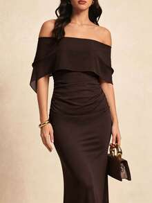 New Fashionable Romantic Elegant Chiffon Shawl Collar Ruched Bodycon Maxi Dress, Solid Color Slimming, Vintage Open Back Party - Brown - View 4