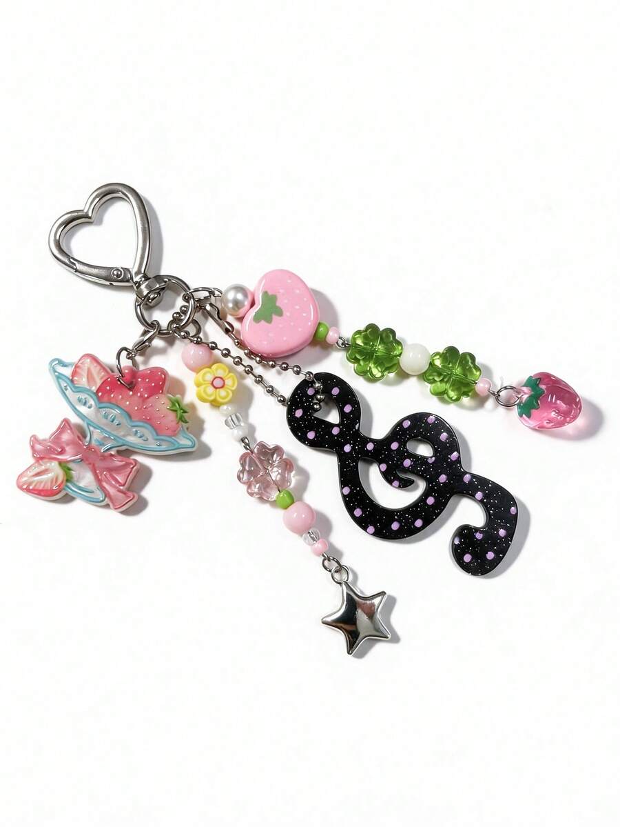 1 pieza Llavero con nota musical dulce y fresca, colgante con cuentas y lazo de fresa, accesorio de bolso de diseño exclusivo - Multicolor - Ver 1