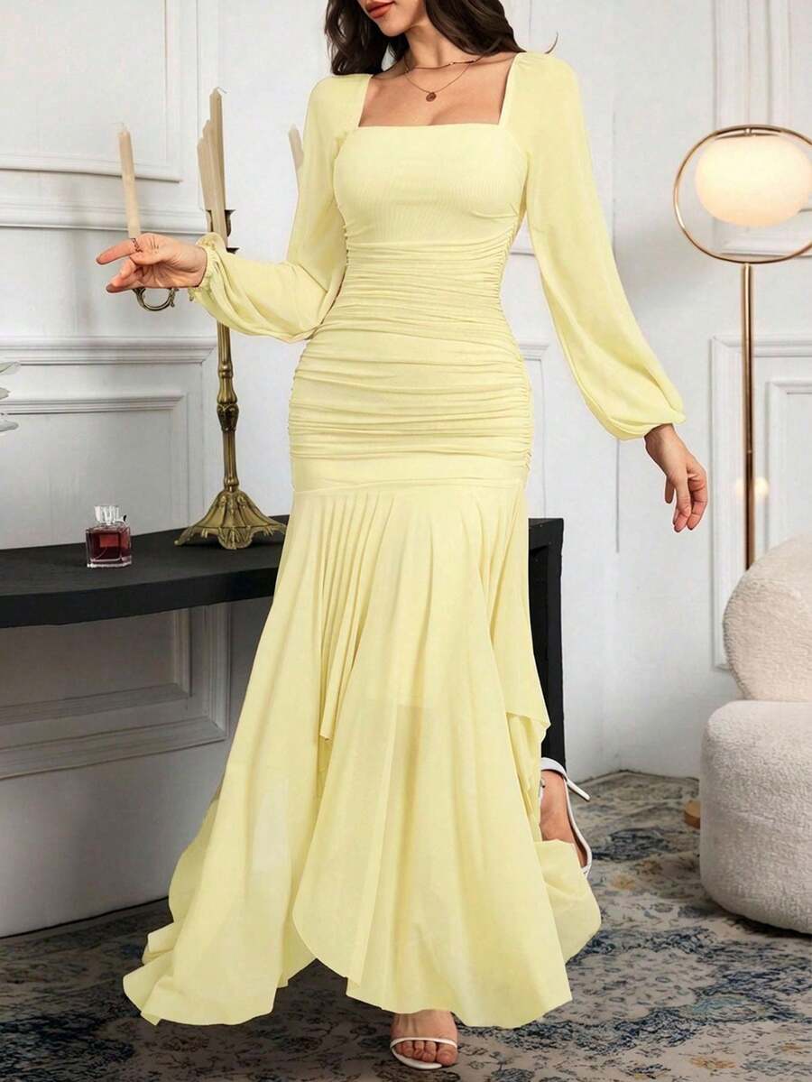 xheModelyn Vestido elegante de manga larga con cuello cuadrado plisado y unicolor para mujerxhe