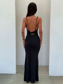 Long Sleeveless Pleated Knot Backless Dress New - 黑色 - 查看 3