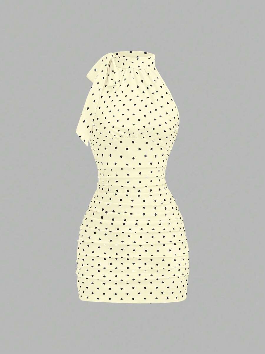 Nuevo vestido mini elegante de oficina de primavera, de estilo francés, con lunares, lazo en la cintura, fruncido y estilizador - Amarillo claro - Ver 1