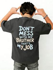 Tween Boy Casual Graphic Print Crew Neck Short Sleeve T-Shirt, Summer Top - Dark Grey - View 1