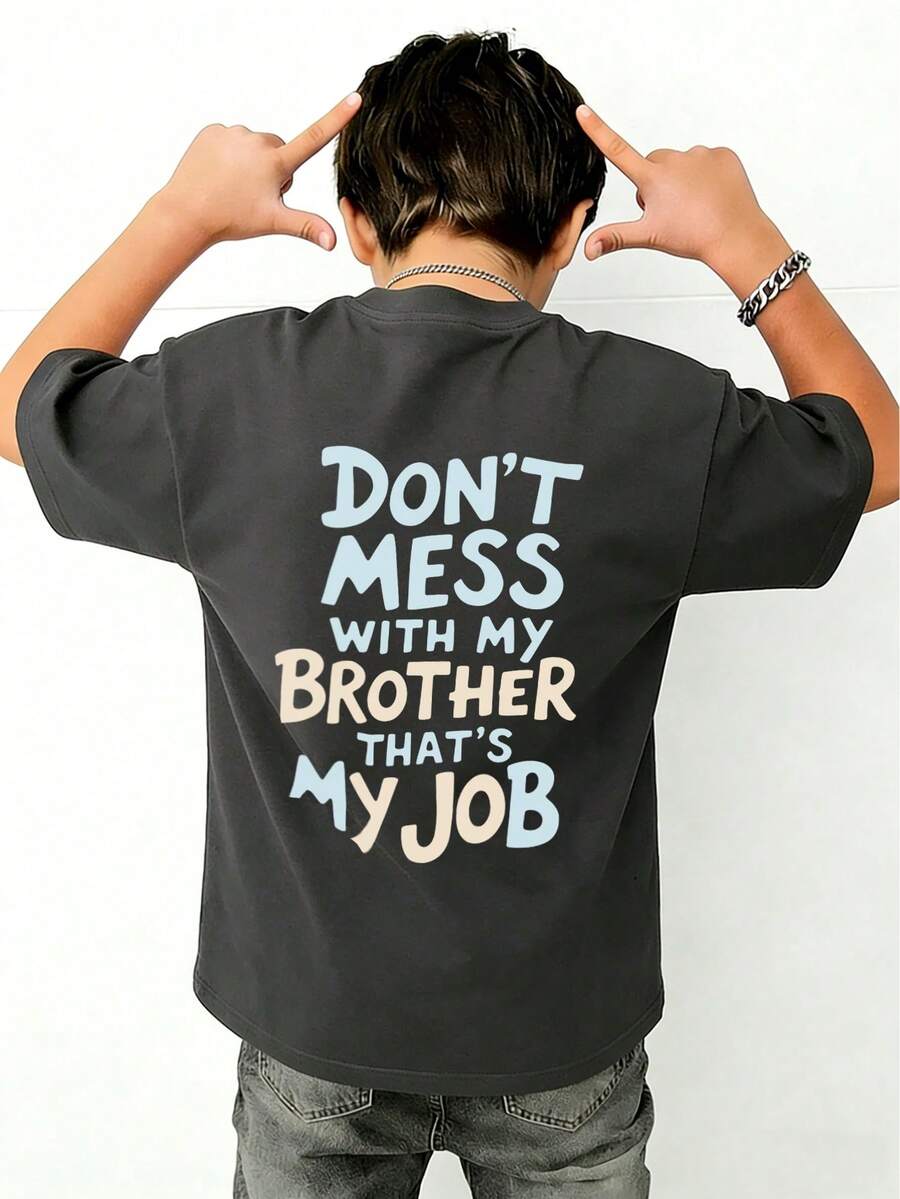 Tween Boy Casual Graphic Print Crew Neck Short Sleeve T-Shirt, Summer Top - Dark Grey - View 1