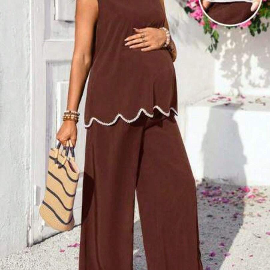 Conjunto de 2 piezas de top de tirantes con ribete de concha y pantalones casuales de maternidad para vacaciones - Café integral - Ver 1