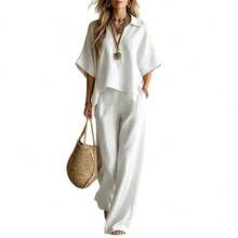 2026 Women's Set With Collared Batwing Sleeve Top And Wide-Leg Pants - White - View 6