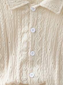 Summer Baby Boy Beige Hollow Plaid Short Sleeve Set, Lapel Button Shirt + Elastic Waist Shorts, 2pcs Outfit - Beige - View 6
