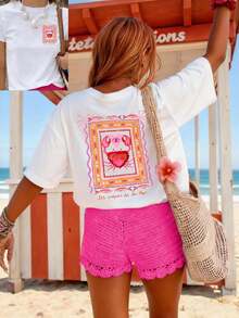 Summery, Loose-Fitting T-Shirt, Casual Women's Short-Sleeved T-Shirt With Round Neck, Crab And Fish Print, Marine Motif T-Shirt, White Cotton T-Shirt. - White - View 1