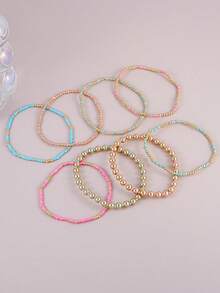 8pcs Handmade Mixed Color Small Beads With Gold CCB Beads Multi-Layer Stacking Elastic Bracelet Set, Women's Vacation Party Jewelry Accessory - Multicolor - View 4