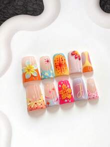 10 Stück frischer Sommerstil handgefertigte Press-On-Nägel, Polygel-Nagelset, handgeformte Blumen, Polka Dots, Linien, Orange, Blau, Gelb, Rot Nagellack, weich, künstlerischer Stil, inklusive Nagelwerkzeug, 3 Größen erhältlich, Mandel, Ente, Sargnägel für Party, Tanz, tägliche Nutzung. - Verschiedenfarbig - Übersicht 17