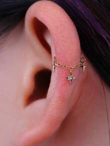 EleRunis 1PC 925 Sterling Silver Star Accessories Piercings Earrings Chain Charm Fine Jewelry For Daily Wear Wedding Party Engagement Anniversary Valentine's Day - Gold - View 4