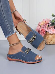 PWIIMG 女款楔跟穆勒涼鞋，露趾 peep toe 厚底楔跟涼鞋，夏季女款楔跟涼鞋，仿麂皮鞋面搭配金色金屬扣飾，適合休閒度假、戶外海灘、居家放鬆、街頭通勤 - 藍色 - 查看 3