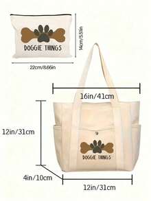 "Doggie Things" Cute Print Canvas Tote Bag & Pouch Set,With Paw Print Design,Funny Pet Owner Travel Organizer,Foldable And Lightweight,Multi-Pocket Shoulder Backpack,Women'S Tote Bag,Canvas Shoulder Bag With Small Cosmetic Pouch, Lightweight Dog Walking Bag For Pet Supplies, Perfect For Dog Lovers, Daily Outings, Work, School,Travel & Shopping,Perfect For Dog-Loving Ladies. - Multicolor - View 10