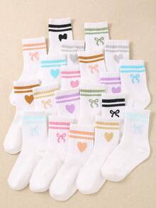 10 Pairs Random Color Girls Mid-Calf Socks, Heart Pattern Mid-Calf Socks, Fashion Bow Pattern Knitted Socks, Mixed Color Cute Casual Socks - Multicolor - View 12