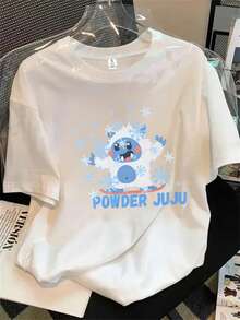 Top de mujer de manga corta y cuello redondo con estampado de pingüinos de dibujos animados y copos de nieve alrededor del cuello, apto para todas las estaciones. - Blanco - Ver 1