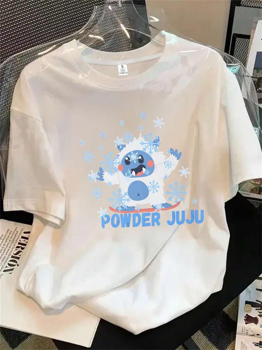 Top de mujer de manga corta y cuello redondo con estampado de pingüinos de dibujos animados y copos de nieve alrededor del cuello, apto para todas las estaciones. - Blanco - Ver 1
