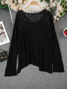Summer Bohemian American Hot Girl Style One-Shoulder Deep V-Neck Mesh Knit Top - Women's Cropped Hollow Ribbed Sweater Black - Black - View 5