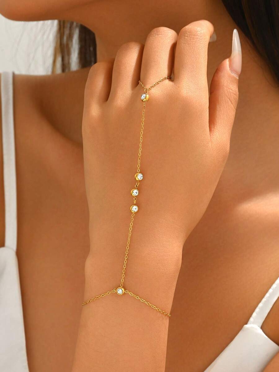 1 pieza Cadena de mano redonda con strass de acero inoxidable dorado para mujer, joyería de moda chapada en oro de 18K - Dorado - Ver 1