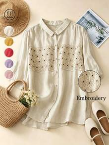 Women's Loose Fit Embroidered Semi-Sheer Viscose Short Sleeve Blouse, Spring/Summer - Apricot - View 4